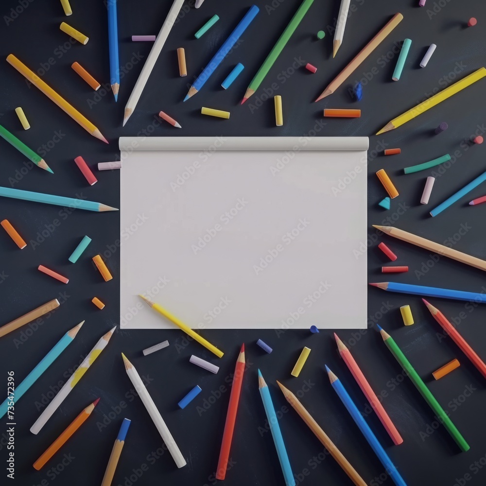 Vibrant Mockup: Plain White A4 Board Centered Amidst a Palette of Colorful Pastel Pencils Vibrant Mockup: Plain White A4 Board Centered Amidst a Palette of Colorful Pastel Pencils