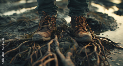 Sturdy boots planted firmly on the rugged ground, an outdoor enthusiast ready to conquer the terrain in their trusty jeans and footwear photo