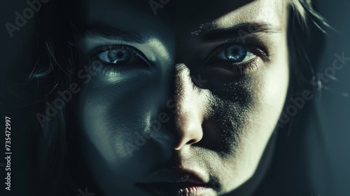 Captivating portrait of a woman with half of her face shrouded in darkness, her intense eyes and luscious lips drawing the viewer into a world of mystery and intrigue photo