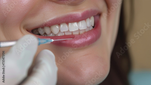 Captivating close-up of a woman's radiant smile, showcasing her immaculate oral hygiene and the tools of dentistry, with a hint of confidence and beauty in her perfectly aligned teeth and glistening 