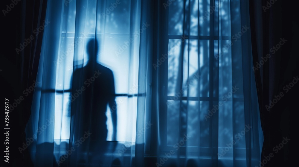 A mysterious figure stands in the shadows, framed by the curtain-clad window, as the warm light casts a haunting silhouette in the dark room A mysterious figure stands in the shadows, framed by the curtain-clad window, as the warm light casts a haunting silhouette in the dark room