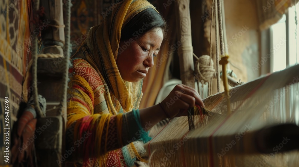 A skilled woman weaves a tapestry on her loom, her face serene as she creates a work of art with her harp-like movements