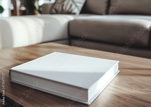 Advertising close up mockup shot of book lying on wooden coffee table in the living room