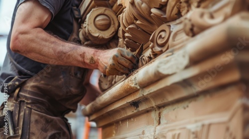 A skilled artist in casual clothing delicately applies vibrant hues onto a majestic wooden sculpture, bringing it to life with a spatula in an outdoor woodcarving session