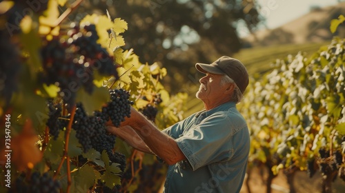 A person in autumnal outdoor clothing carefully selects ripe grapes from a lush vine, embodying the art and labor of winemaking at a picturesque vineyard