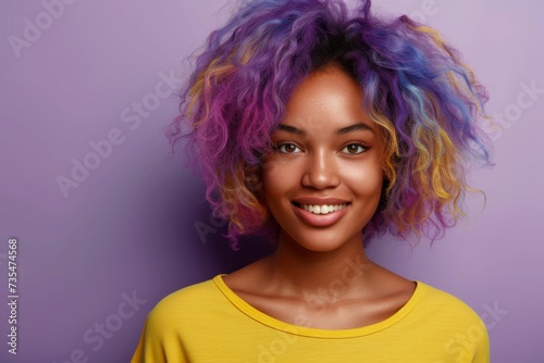 Vibrant Portrait of a Cheerful Happy Smiling Young African-American Woman with Colorful Hair Isolated on Light Purple Background. Generative AI. 