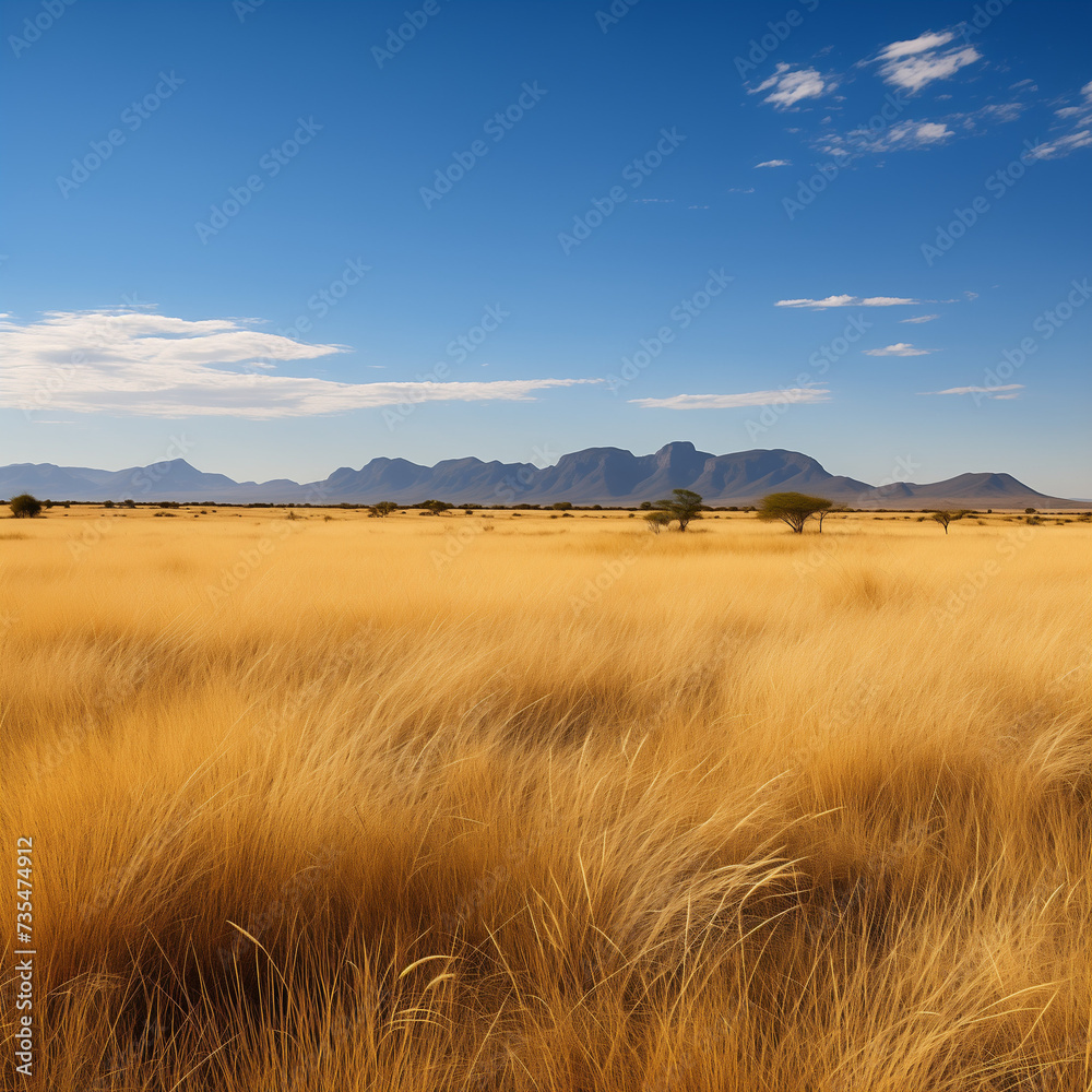 Paysage de savane africaine, herbes hautes jaunes face au désert, aux plaines et aux montagnes au loin	
