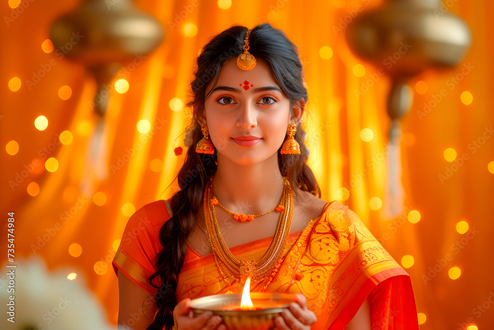 Indian woman in traditional sari with burning diya on floral yellow bokeh background. Ugadi, Gudi Padwa or Diwali celebration. Hindu New Year. Religion, ethnic and wedding ceremony concept.