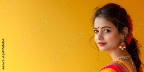 Indian woman in traditional sari indian costume on yellow background. Ugadi or Gudi Padwa celebration. Hindu New Year. Religion and ethnic concept. For banner, greeting card, poster with copy space photo