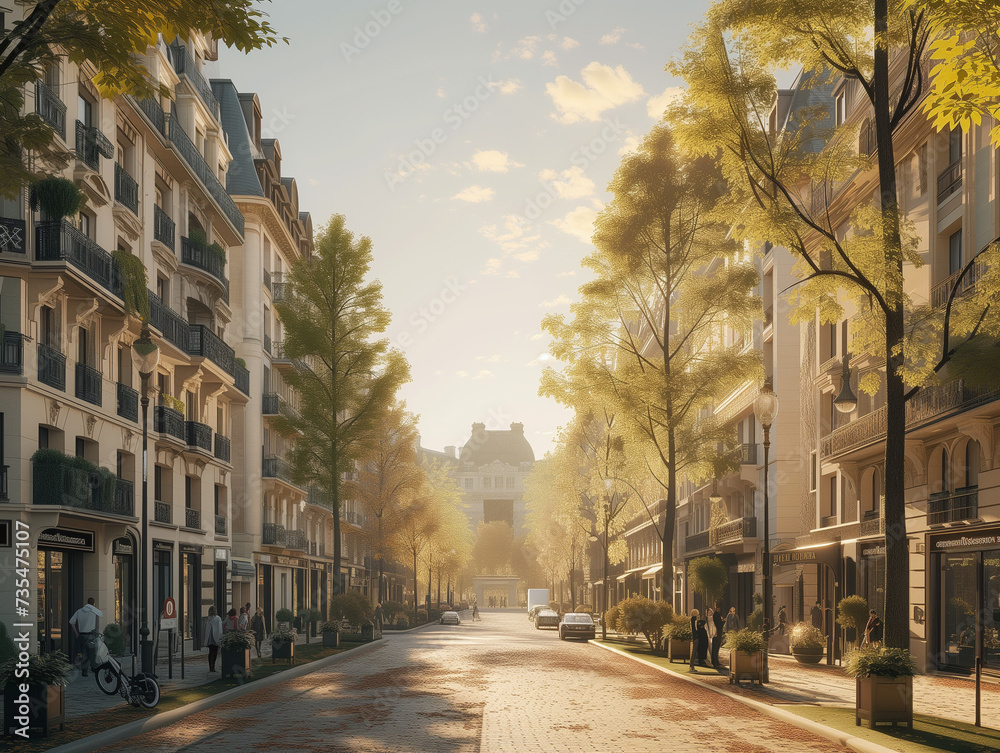 Avenue à Paris bordée d'immeubles haussmanniens, patrimoine historique, jour de soleil