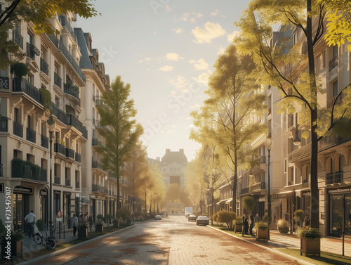 Avenue à Paris bordée d'immeubles haussmanniens, patrimoine historique, jour de soleil photo
