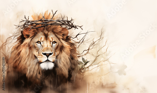 Easter's Grace, Rustic Watercolor Profile of Lion King of Judah Wearing Jesus' Crown of Thorns - Religious Symbolism in Art. photo