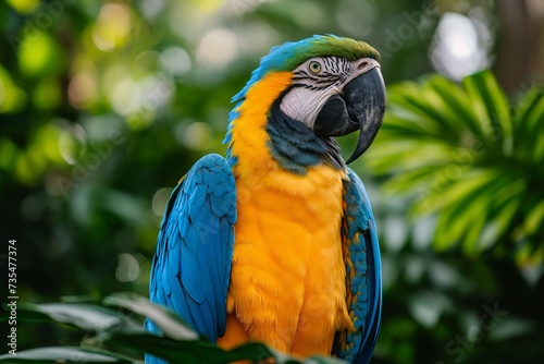 Colorful macaw parrot sitting in green tropical rainforest