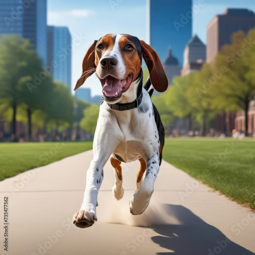 Portrait of an American English Coonhound. Happy dog in the city park.