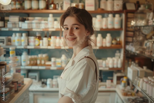 Graceful Pharmacist: Female Professional Standing in Pharmacy, Radiating Beauty and Expertise