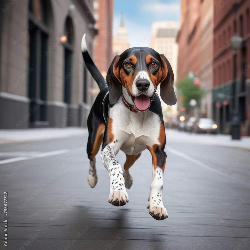 Portrait of an American English Coonhound. Happy dog in the city. 