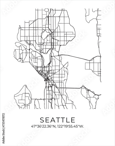 Seattle city map. Travel poster vector illustration with coordinates. Seattle, Washington, The United States of America Map in light mode.
