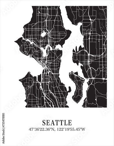 Seattle city map. Travel poster vector illustration with coordinates. Seattle, Washington, The United States of America Map in dark mode.