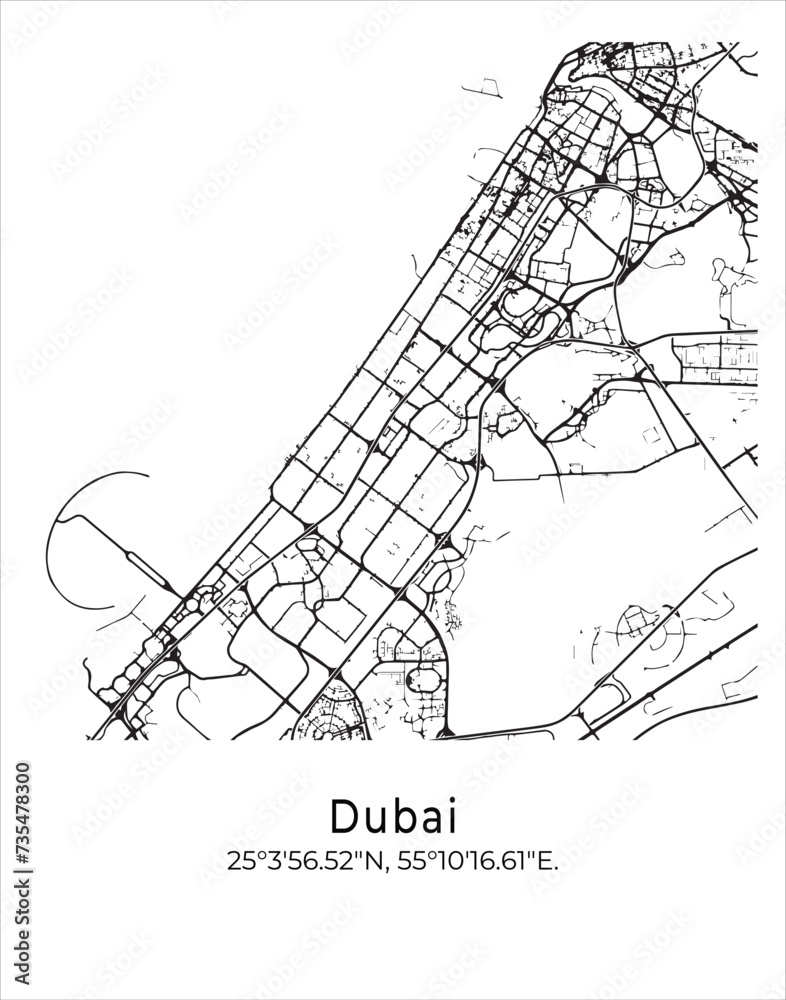 Dubai city map. Travel poster vector illustration with coordinates. Dubai, UAE Vector Map in light mode.