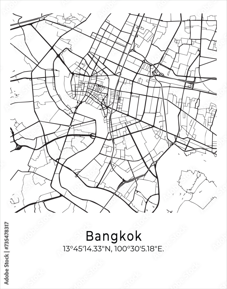 Bangkok downtown city map. Travel poster vector illustration with coordinates. Bangkok, Thailand Vector Map in light mode.