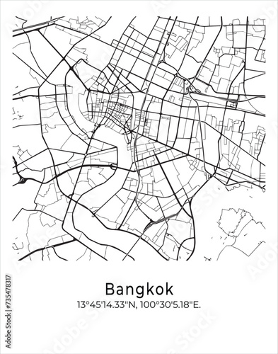 Bangkok downtown city map. Travel poster vector illustration with coordinates. Bangkok, Thailand Vector Map in light mode.