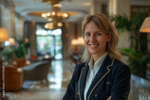 Elegant Hotel Manager: Female Professional Stands Gracefully in Hotel Lobby, Ready to Welcome Guests photo