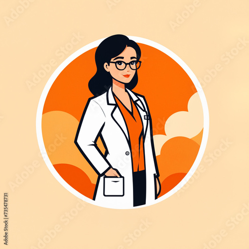 cute vector style logo of a female doctor against an orange and beige background, 