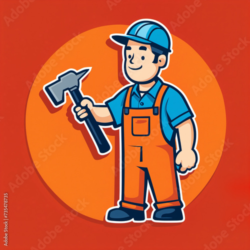 cute vector style logo of a construction worker against a red and orange background, 