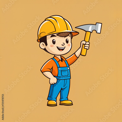 cute vector style logo of a construction worker against a beige background, 