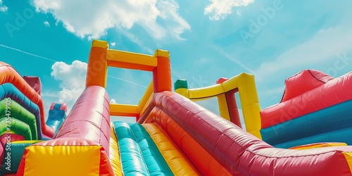 Inflatable bounce house water slide in the backyard, Colorful bouncy castle slide for children playground. © Jasper W