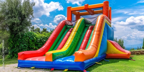 Inflatable bounce house water slide in the backyard, Colorful bouncy castle slide for children playground.