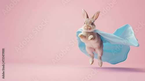 Funny baby bunny rabbit wearing superhero cloak jumping and flying on pastel pink background with copy space, concept of leap day, leap year, superhero, costume, greeting card and energetic.