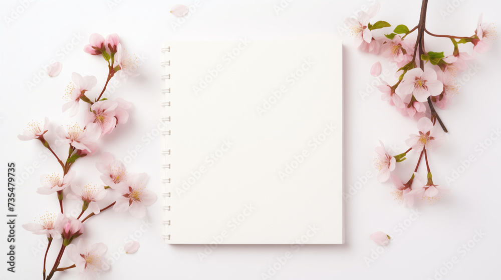 Fototapeta premium Blank notebook and pink cherry blossom on white background. Minimal Spring and Valentine concept. Flat lay