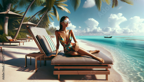 Beach landscape where a young woman is relaxing on a sun lounger. She's wearing a colorful, patterned swimsuit that stands out against the golden sand. Oversized sunglasses cover her eyes, reflecting 