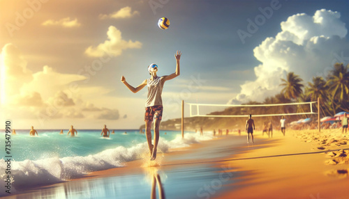 A girl playing volleyball on the beach, wearing a sports swimsuit and protective sunglasses. The sun is high, illuminating the scene with a warm glow.