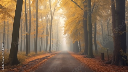 Forest road between the autumn trees in foggy morning Ai Generative