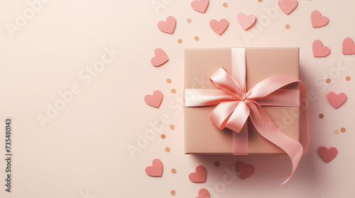 Valentine gift box with ribbon on a light beige background with light pink hearts. Pastel colors. Flat lay. Minimal Valentine and birthday background
