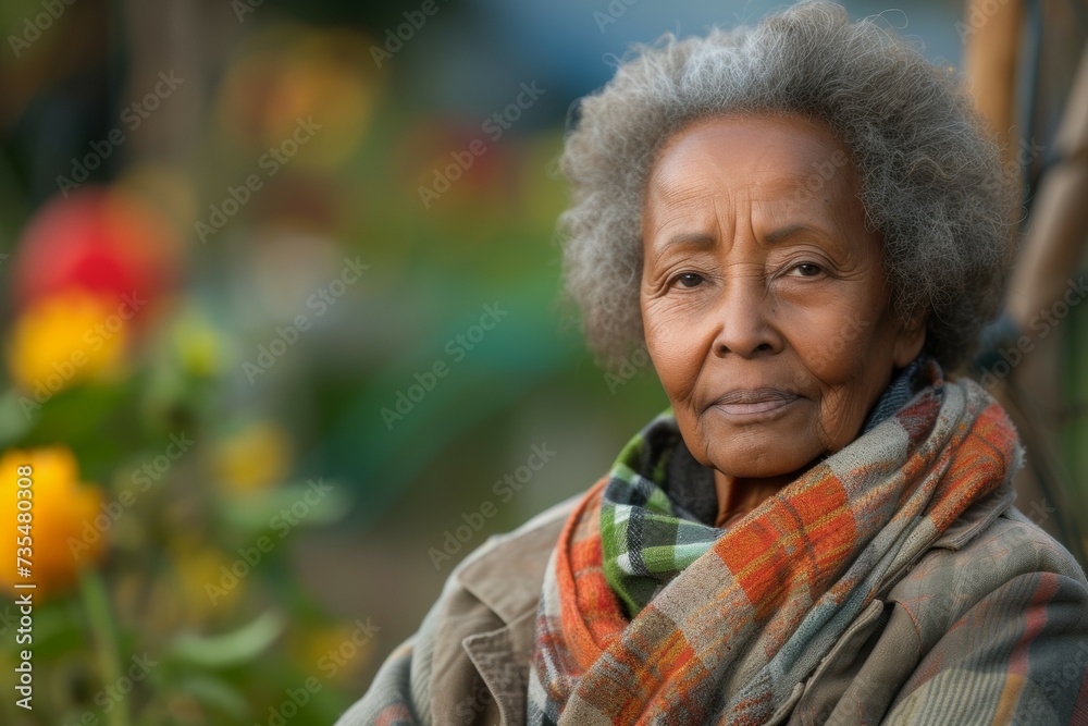 Woman farmer, female portrait. Background with selective focus and copy space