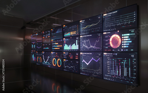 High-tech data analytics dashboard displaying real-time business performance metrics and statistics