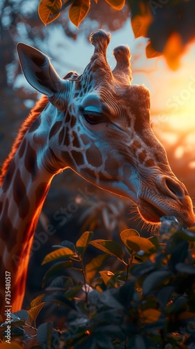 A majestic giraffe delicately savors tree leaves in the natural sunlight. Close-up of a giraffe dexterously reaching for the tenderest leaves.