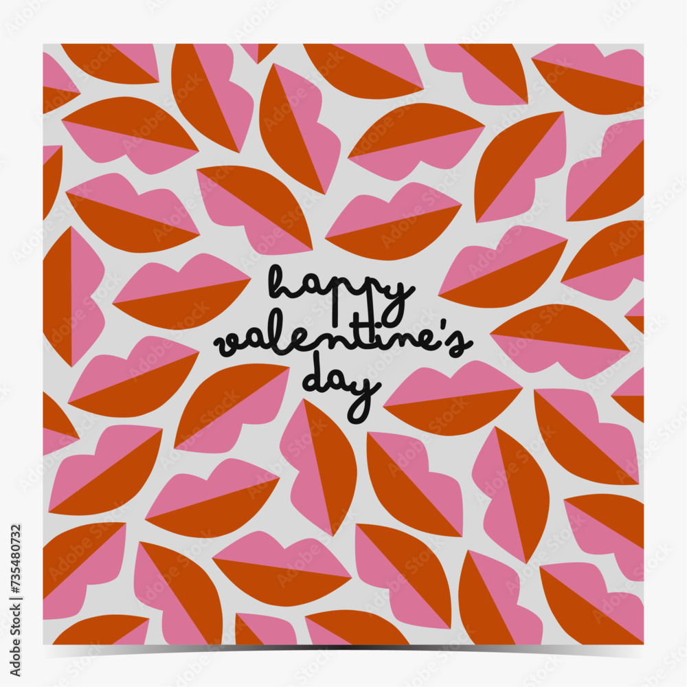 Valentine's Day greeting card, poster, template, label with pink and red lips on gray background