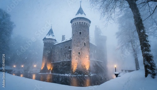 castle and moat during a snow storm