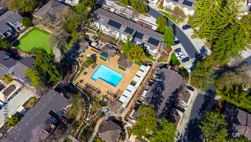 Canvas Print Aerial view of a typical multi-level residential apartment complex with a swimmi