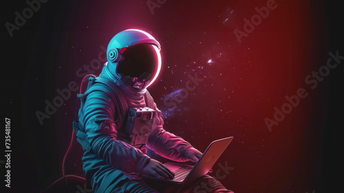 Futuristic Astronaut Working on Laptop with Cosmic Space Backdrop