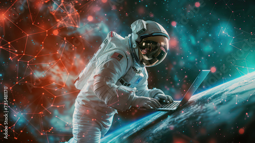 Futuristic Astronaut Working on Laptop with Cosmic Space Backdrop