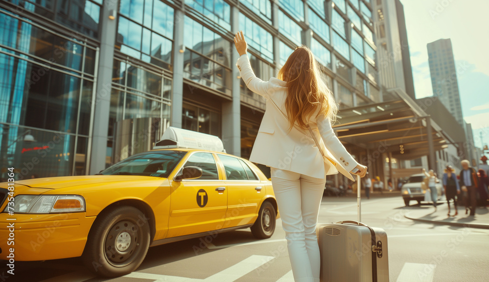 Young woman dressed elegant Business Suit outfit calling yellow taxi cab raising arm gesture in city airport arrival zone. Traveling, airport transfer after arriving, city public transport concept. - obrazy, fototapety, plakaty 