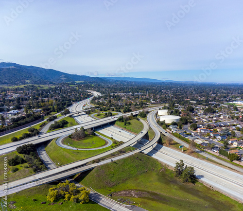 Aerial view of a complex highway junction interchange road. Light weekend traffic on Highway 280 and Highway 85 interchange in Cupertino, California photo