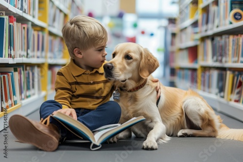 Therapy for children. A little boy reads to dog in the library. Photo of child and animal friend helping him develop reading skills. Aimed at children with hearing impairments and disabilities photo