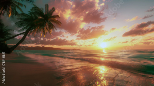 Tropical beach sunset with palm trees and golden ocean waves © BraveSpirit