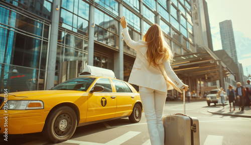 Young woman dressed elegant Business Suit outfit calling yellow taxi cab raising arm gesture in city airport arrival zone. Traveling, airport transfer after arriving, city public transport concept. photo